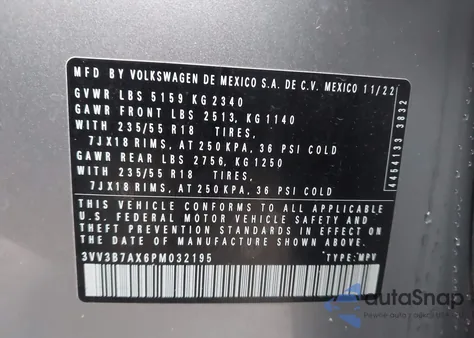 2023 Volkswagen Tiguan 2.0T Se z USA, uszkodzony, nr VIN 3VV3B7AX6PM032195